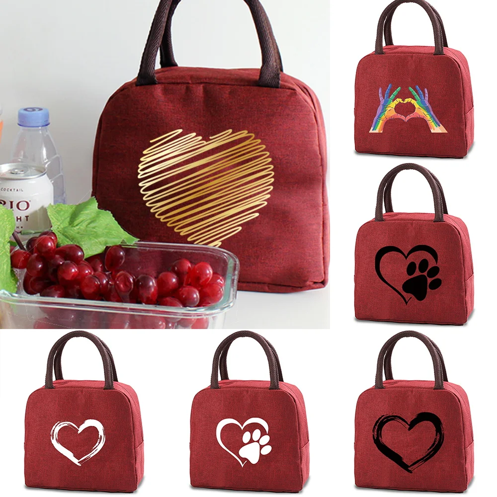 

Love Printing Canvas Lunch Bags Cooler Camping Picnic Bag Fashion Lunch Box Bag School Food Insulated Dinner Bag Travel Handbags
