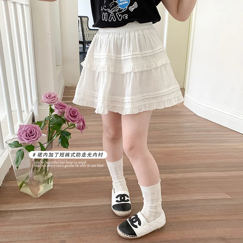 Children Clothing Girls Sweet Lace Skirt 2024 Summer New Fashionable Princess Sweet Cute Girls White Layered Pleated Skirt