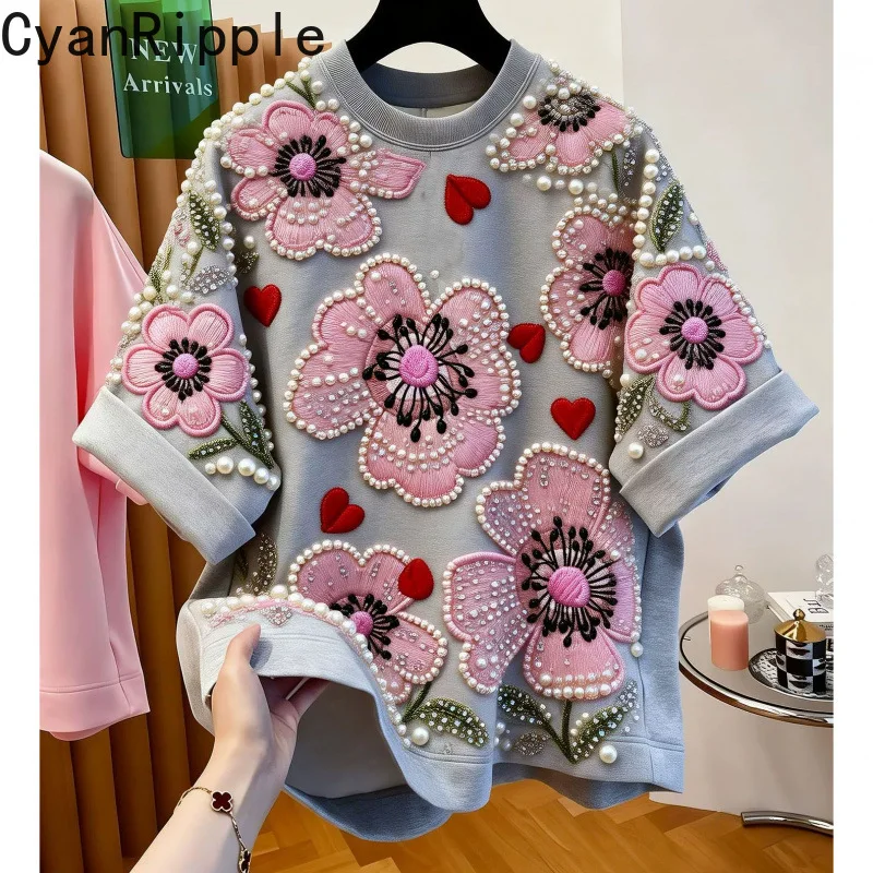 High Quality New Spring Summer Women Short Sleeve T-shirt Luxury Beading Flowers Round Neck Pullover Top Casual Loose Basic Tees
