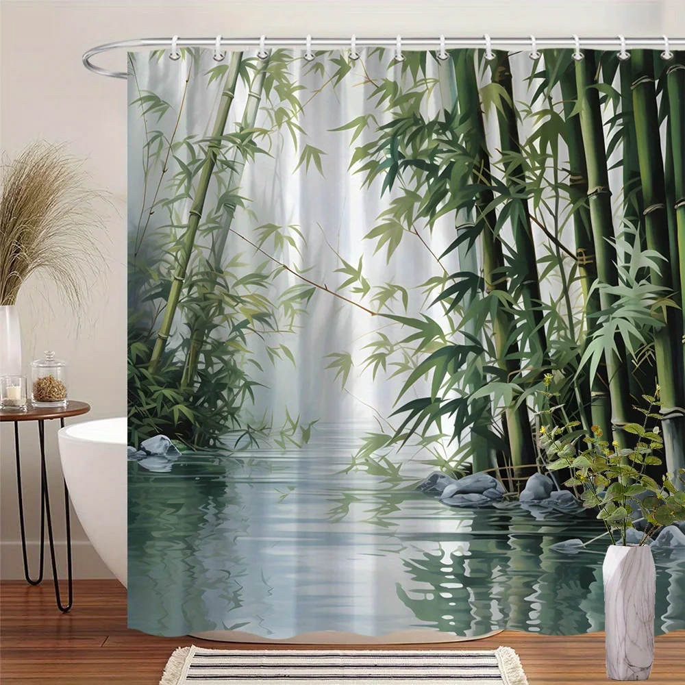 Zen Bamboo Shower Curtain 180x180cm – Minimalist Forest Design, Calming Bathroom Decor Gift, 12 Hooks