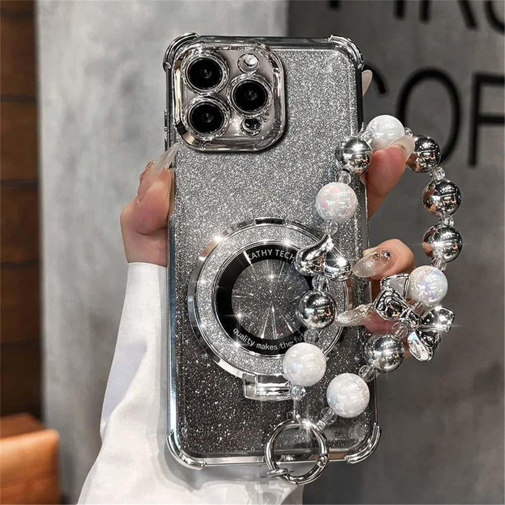 สร้อยข้อมือลูกปัดหรูหราแหวนกันกระแทกสําหรับ Huawei Nova 13 Pro 12 11 10 9 8 7 6 5 Pro SE ซิลิโคน Glitter Stand Holder COVER