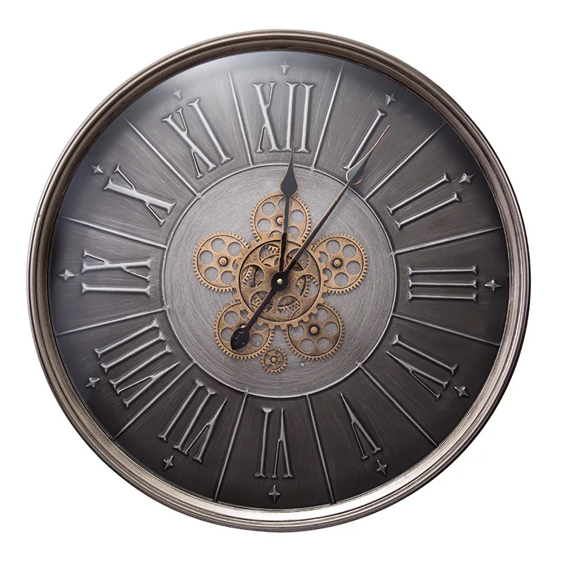 American ironwork gear clock and watch  European retro creative clock  Living room decorative art quartz pointer wall clock
