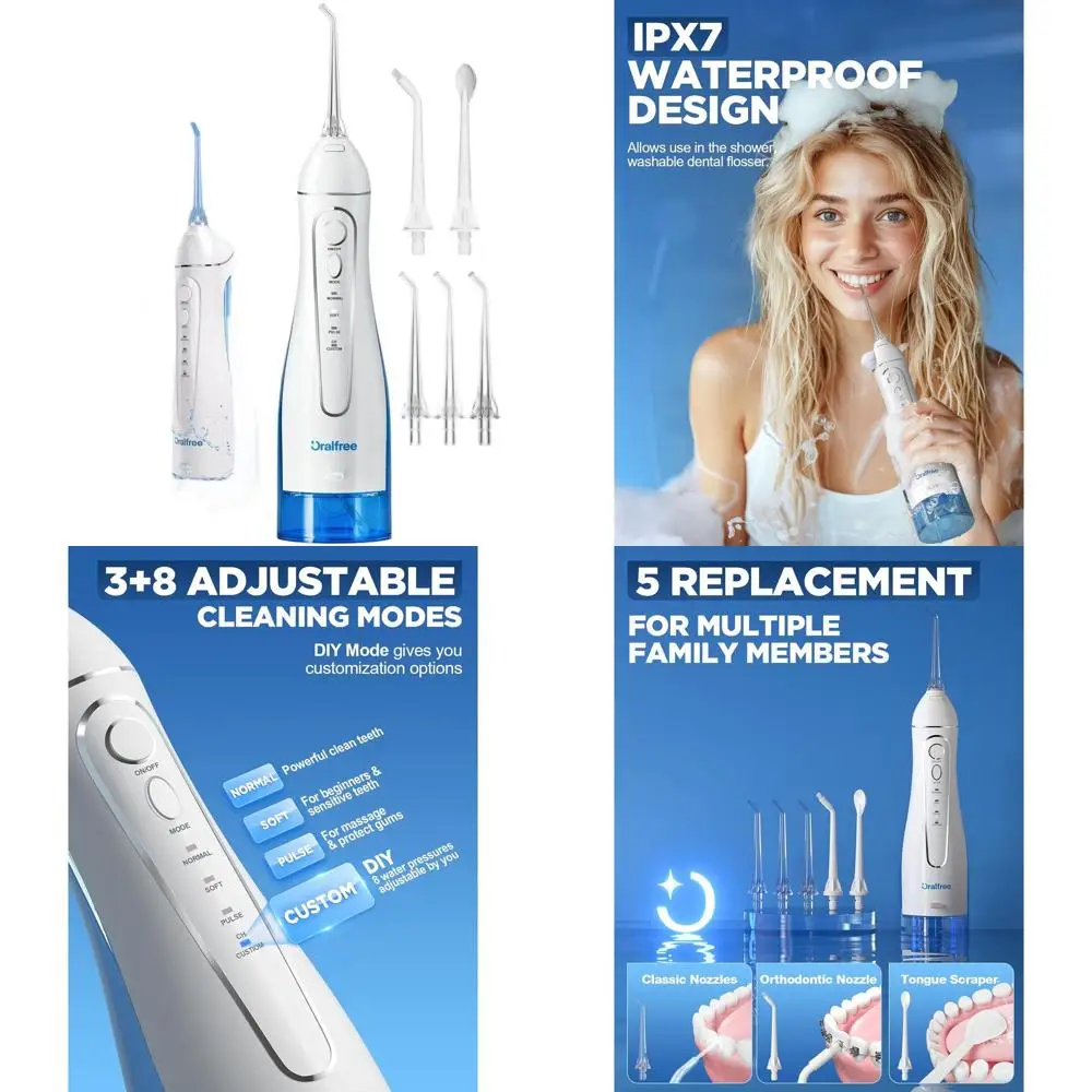 

Беспроводной ирригатор для полости рта с 4 режимами, резервуаром на 300 мл, водонепроницаемостью IPX7, портативный, перезаряжаемый, для брекетов и чистки зубов