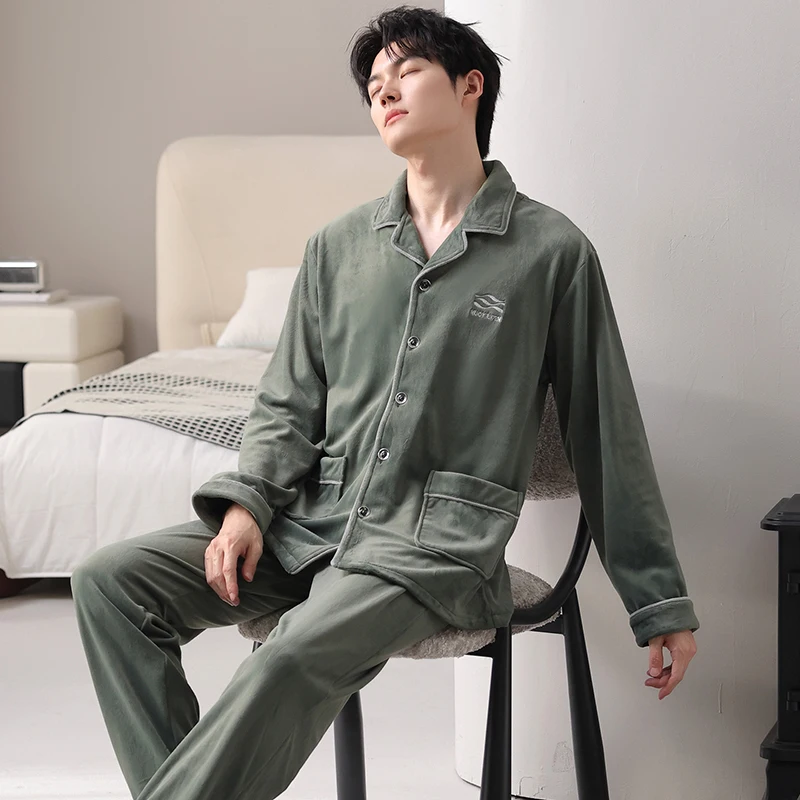 Men Cardigan Pajamas Set Male Winter Warm Flannel Pyjama Loose M-4XL Men Coral Fleece Sleepwear