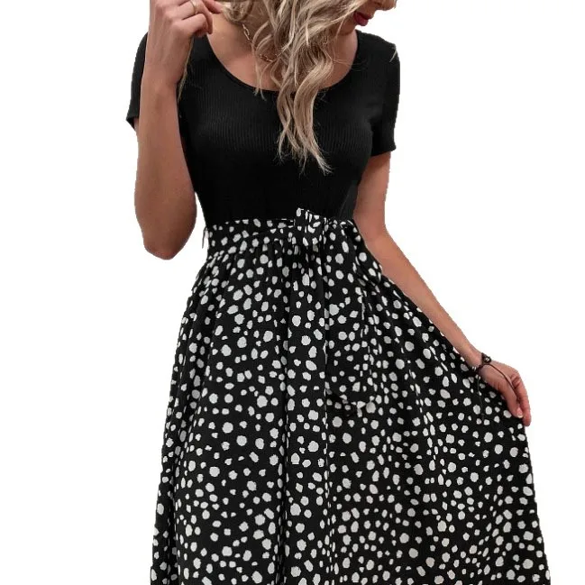 Dw 2025 欧米風プリントTシャツワンピース レディース Aラインスカート 半袖 ハイウエストステッチ ロングスカート