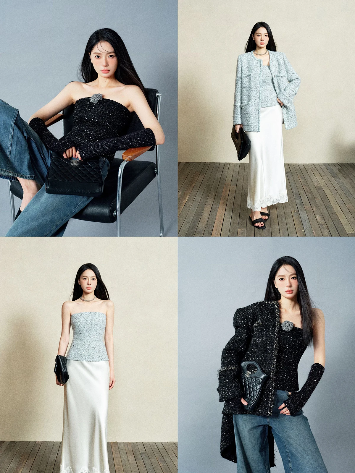 

Костюм женский ZhouMiao Bla Diamond Little France: приталенный комплект из шерстяной смеси с пайетками, длинными рукавами и круглым вырезом