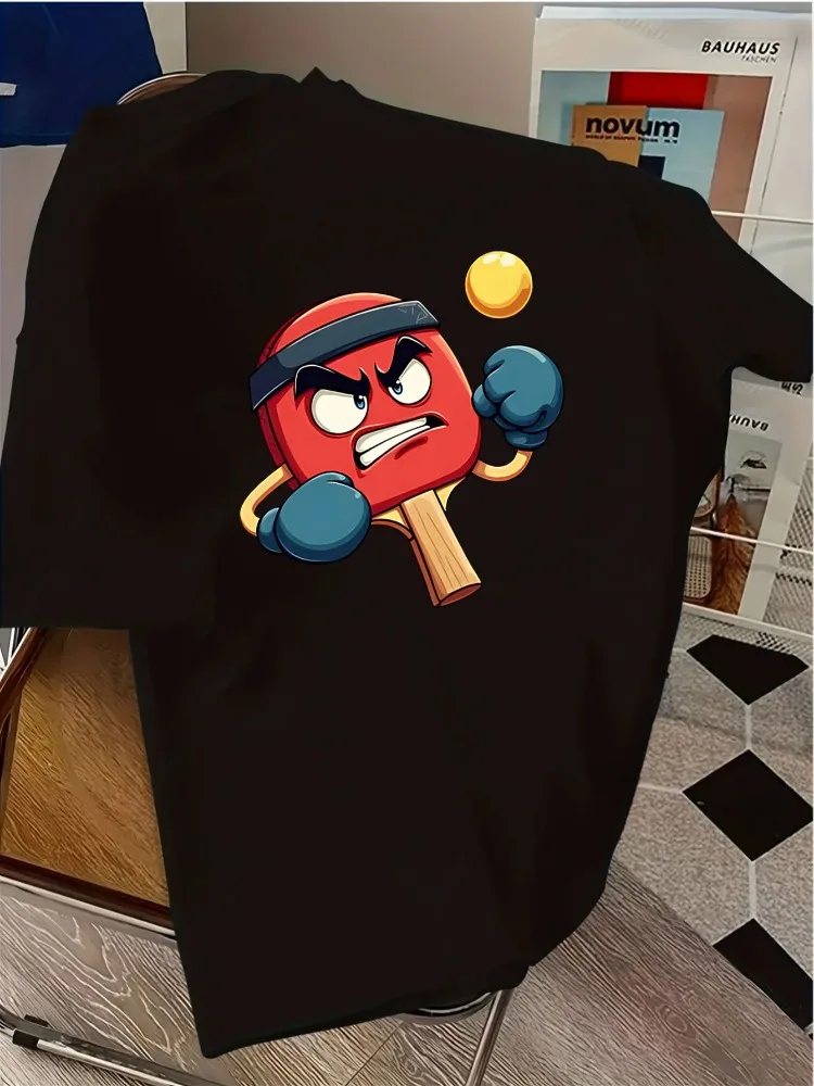Mens Cream Crew Neck Tee Angry Boxing Table Tennis Paddle Cartoon Sport Graphic Loose Summer Casual Street Short Sleeve Soft Top