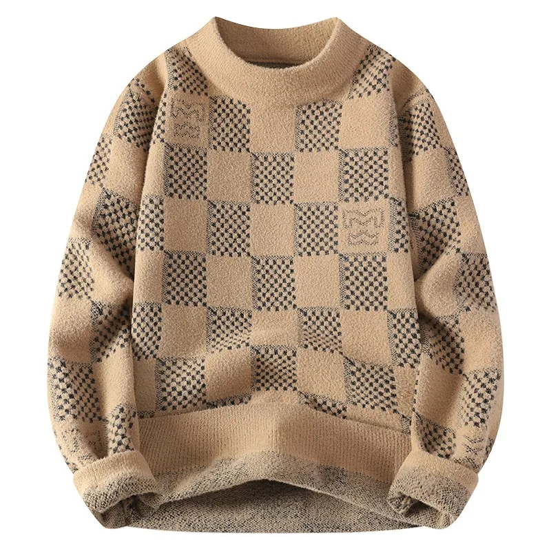 New Checkered Knitted Sweater American 2024 Trendy Men\'s Tops Classic Autumn Knitted Hoodie Fashionable Slimming Harajuku