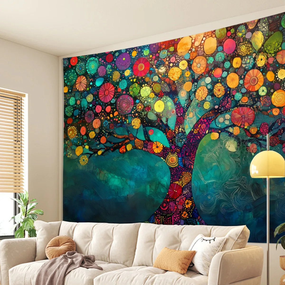 Tapiz de Pared Vibrante Árbol del Ser Mandala Multicolor - Diseño Redondo Bohemio con Hojas en Beige, Duradero para Fiestas, Bod
