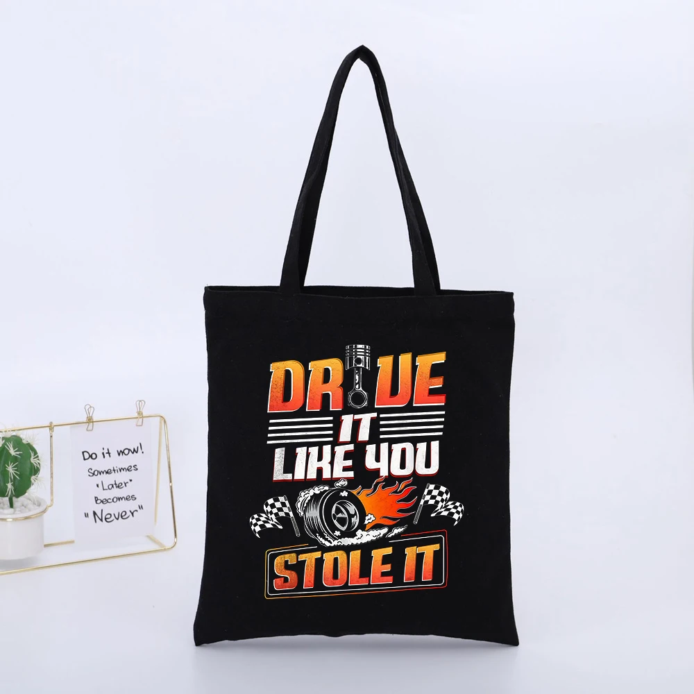 Racing-Inspired Graphic Canvas Tote Bag with Typography Print, Retro Style for Casual Shopping and Daily Use
