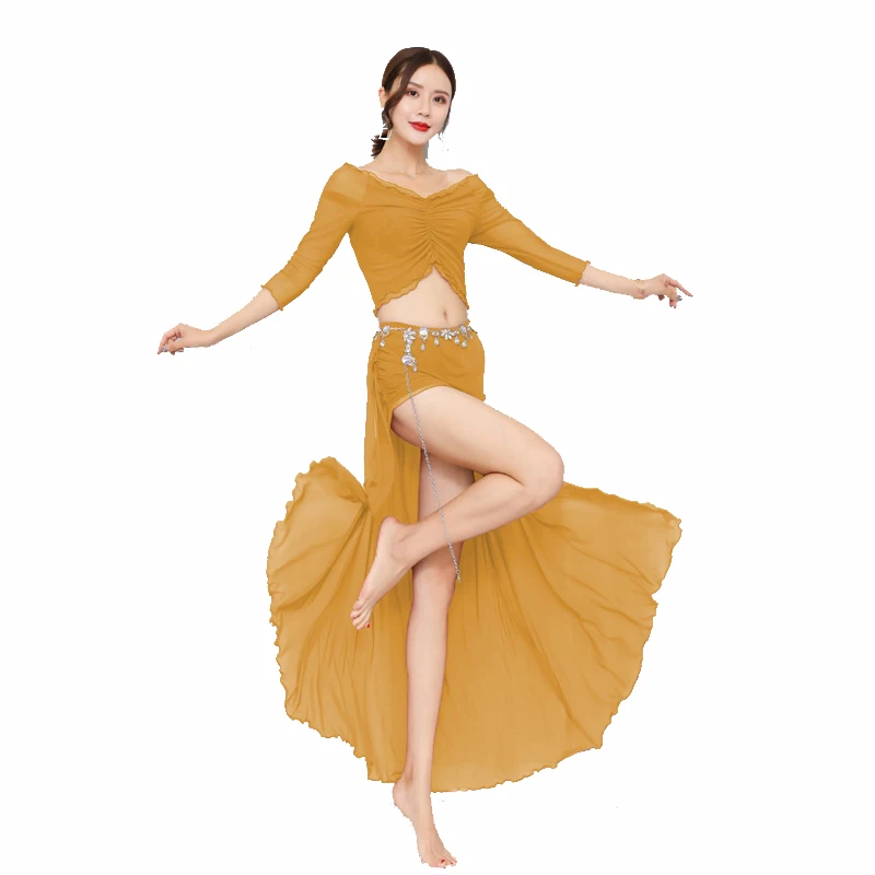 

Oriental Dance Practice Clothes Beginner Set Belly Dance Mesh Practice Clothes Large Size Slit Long Skirt Suit For Women Outfit
