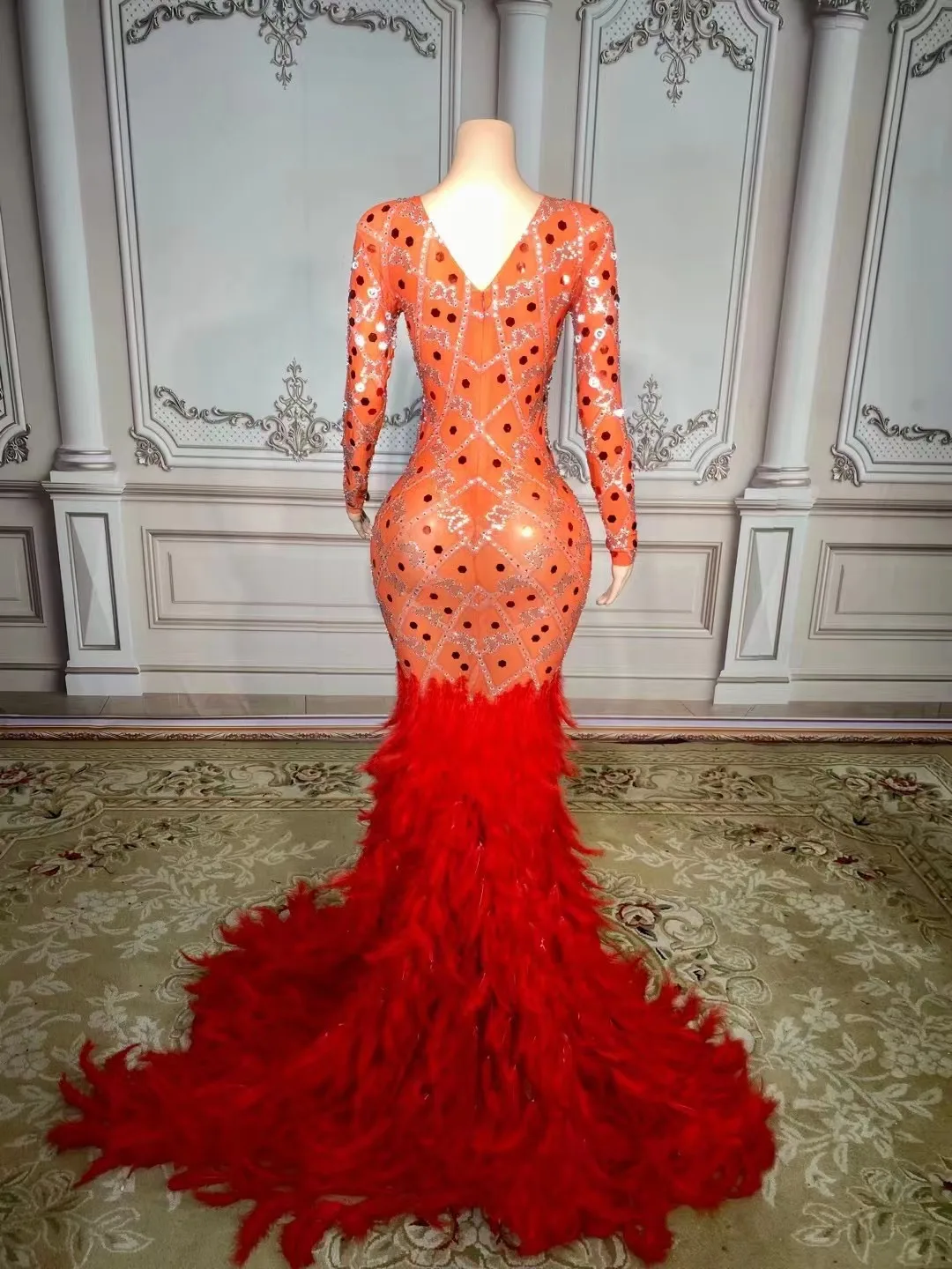 Red Color Feathers Ladies Long Sleeve Beading Trumpet Floor-Length Dress Bodycon Evening Party Dress Singer Show Stage Costume