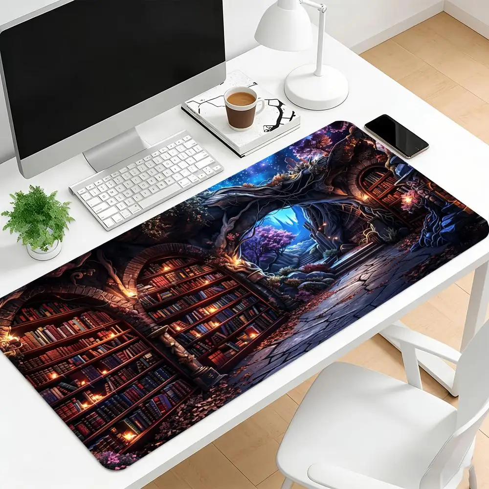 Magical Library Extended Gaming MousePad Non Slip Desk Mat Vintage Fantasy Art Keyboard Mousepad For Laptop Desktop Office Decor