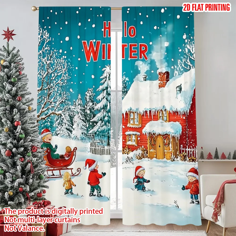 

2pcs 2D flat printing Merry Christmas Party Curtains Christmas Village_ Versatile Polyester Without Electricity Party