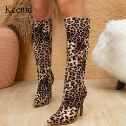 Kcenid Women Knee High Boots Fashion Leopard Print Shoes Zipper Long Boots Autumn Winter Stiletto Heel Motorcycle Shoes