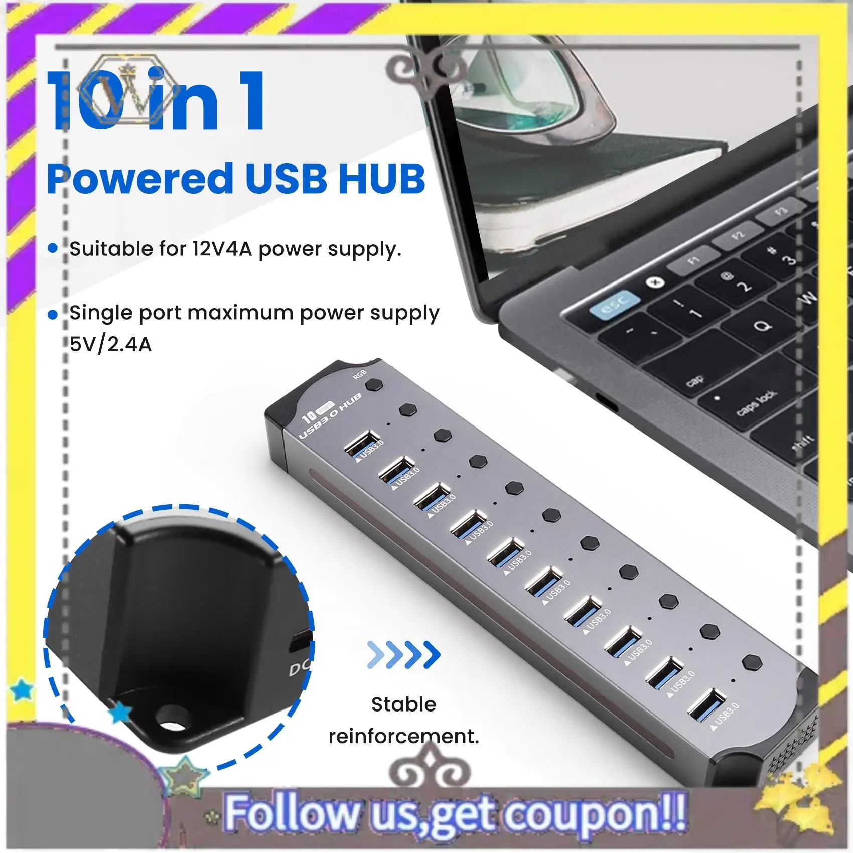 AU33-10 In 1 Powered USB HUB 10 Ports USB Adapter USB Splitter USB 3.0 Interface Individual Switch RGB E-Marker Heat Design