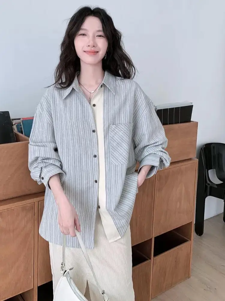 

Retro Autumn Women Grey Striped Elegant Single Breasted Shirt Top Korean Long Sleeve Fashion Loose Blouses Casual Ladies Popular