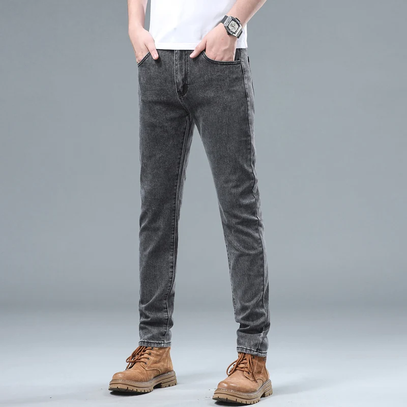 Men's Classic Regular Soft  Gray Stretch Denim Trousers Fashion Slim Trousers Male Men's Spring Autumn Straight Jeans 28-40