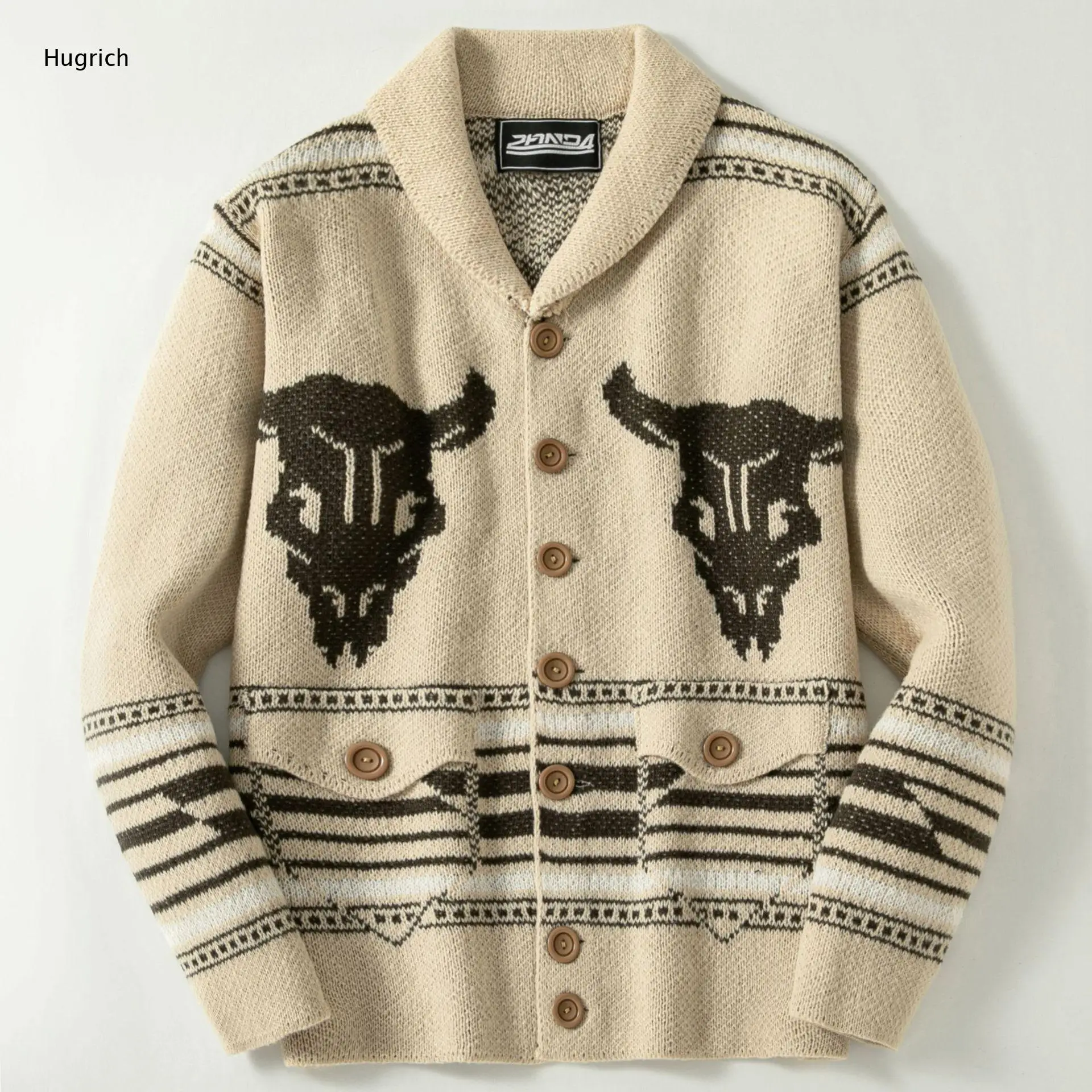 Men's Warm Longhorn Skull Southwest Striped Lapel Dual Pocket Button Knit Jacket