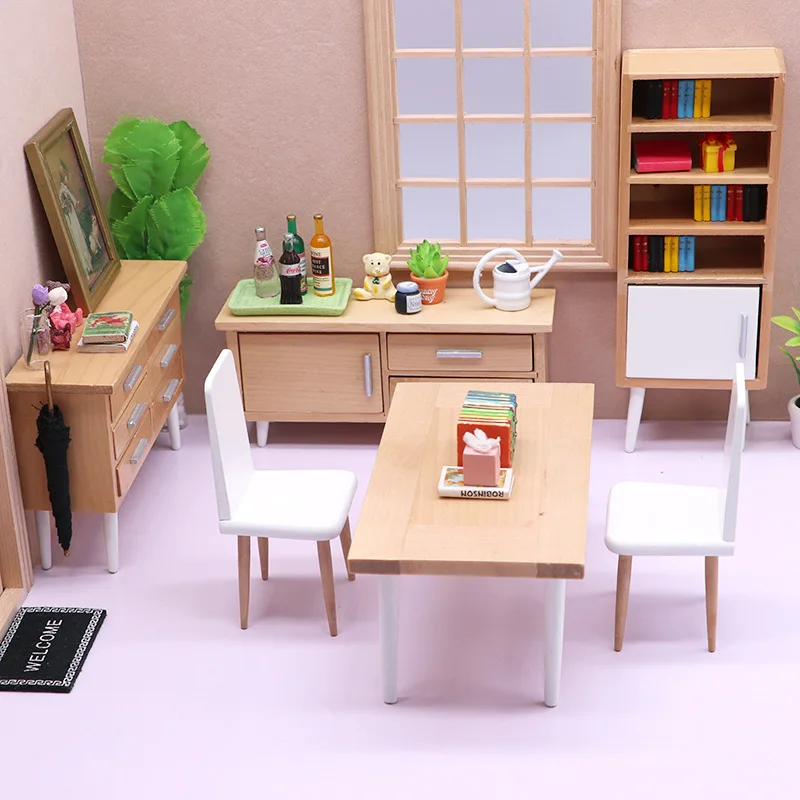 

1:12 Miniature Dollhouse Furniture Model Wooden Modern Simulation Kitchen Tables Chairs and Cabinets Doll House Accessories