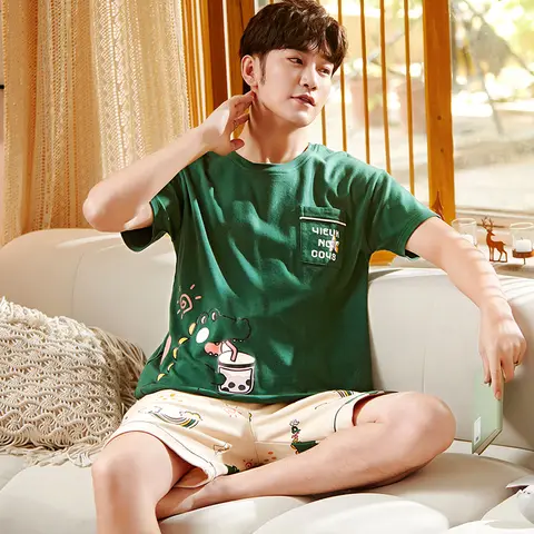 한국어 코튼 남성 Loungewear 2 조각 세트 잠옷 세트 반팔 슬리핑 탑 바지 잠옷 여름 캐주얼 Homewear