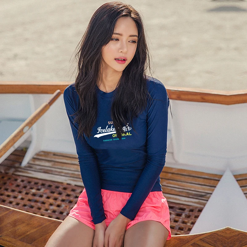 Women 2 Piece Swimwear Long Sleeve Blue Shirt Pink Shorts Beach Wear Rash Guard Quick Dry