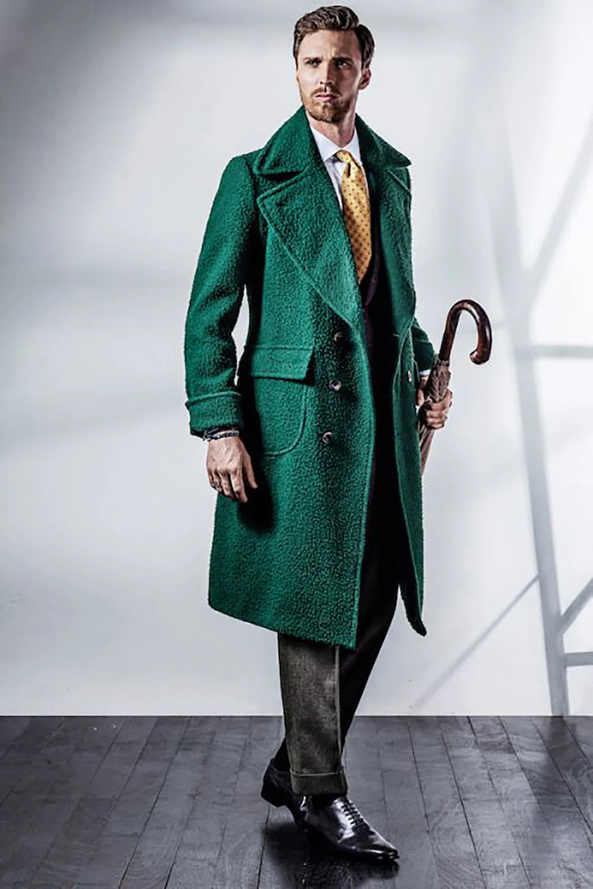 Cappotti lunghi in Tweed verde cappotto con risvolto Shawel doppio petto caldo soprabito 1 pezzo su misura