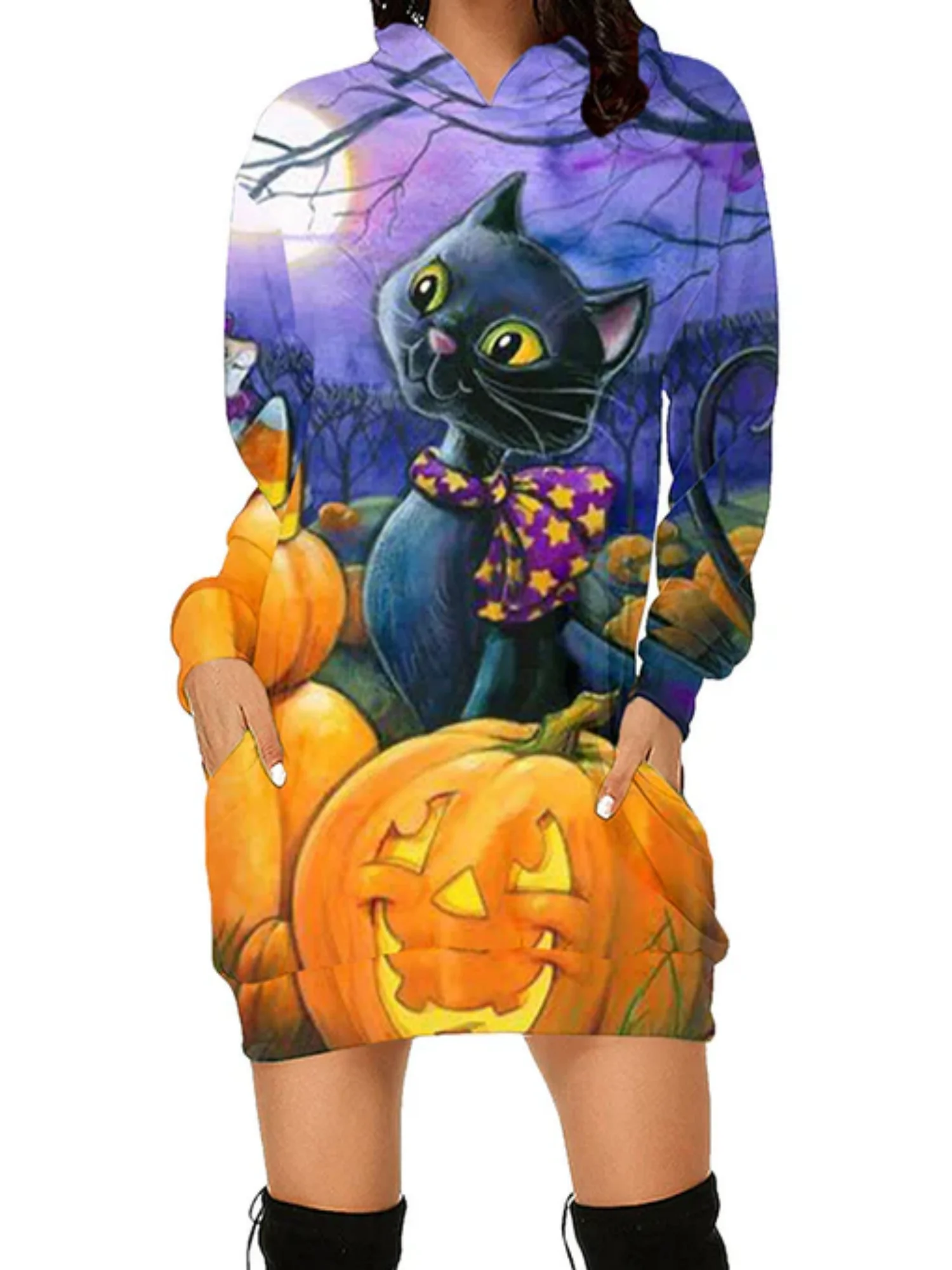 Halloween Women's Long Hooded Sweatshirt, Comfortable And Warm, Terrifying Castle, Sucking Bats, Evil Pumpkins,Interesting Print