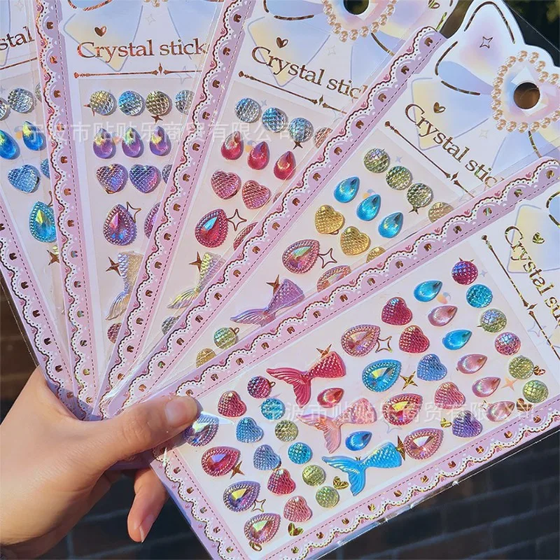 Cute Cartoon Diamond Sticker Fantasy Crystal Mermaid Tail Pearl Decor Scrapbook Rhinestone Bow Adhesive for Journal Nail Art