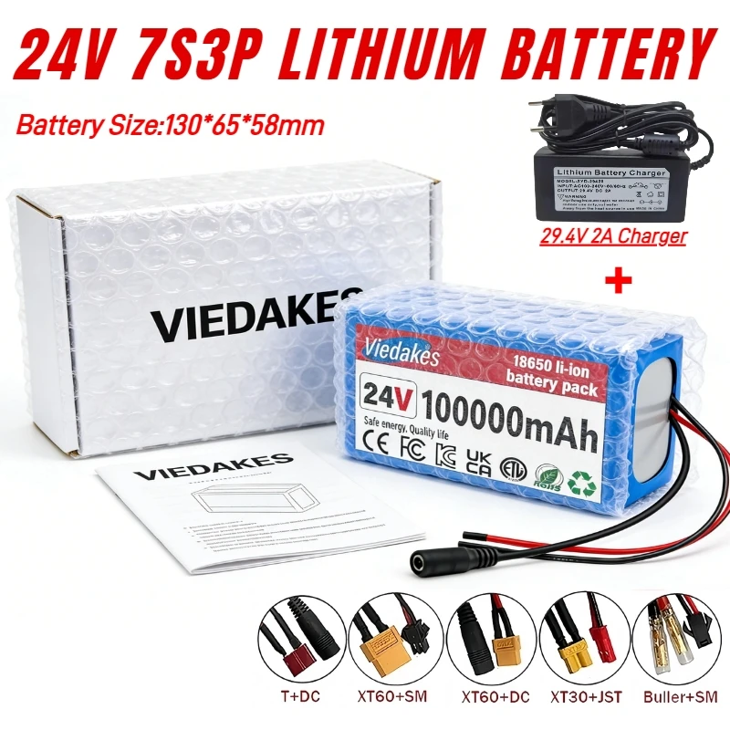 

DHL delivery 7S3P 24V Lithium Battery Pack 100Ah 18650 suitable for E-Scooter, camping light ,wheelchair with 29.4v charger