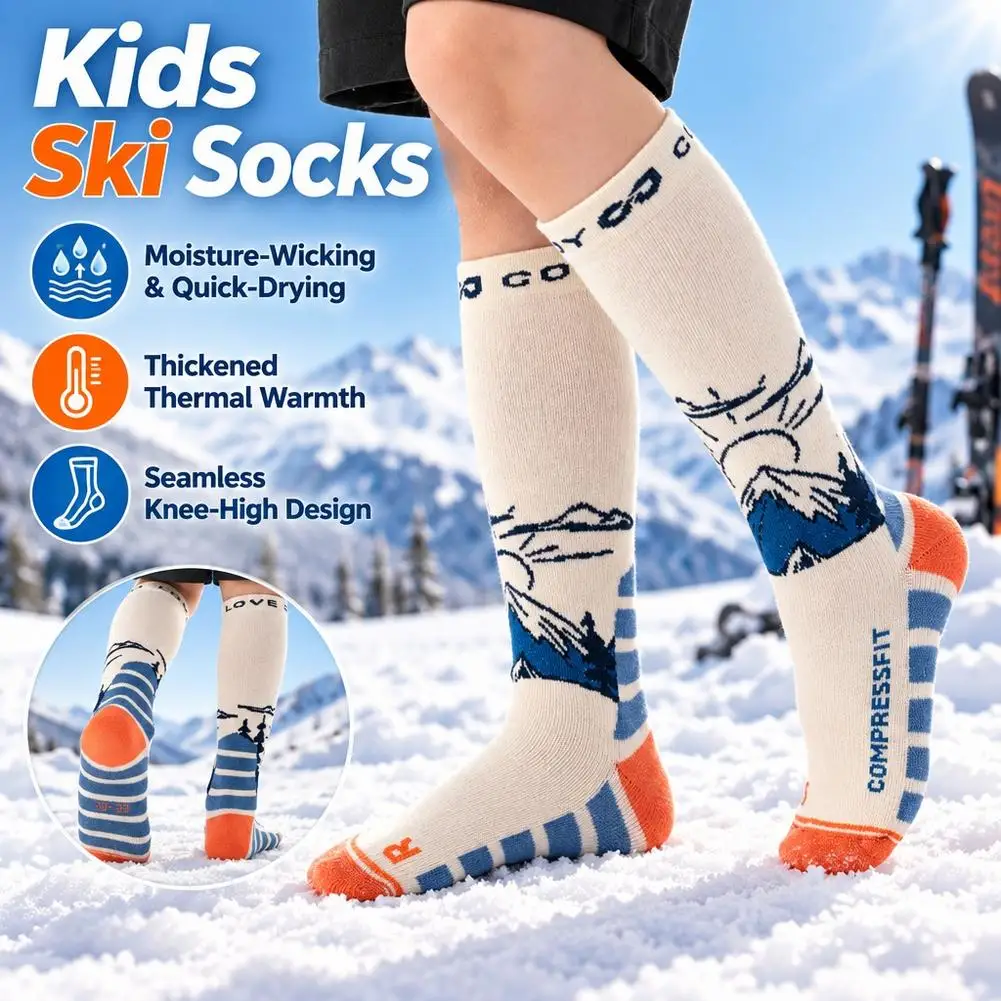 Kids Woolen Ski Socks Winter Warm Thermal Socks Elastic Thick Hiking Skiing Snowboarding Socks for Child Boys Girls Years 9-13