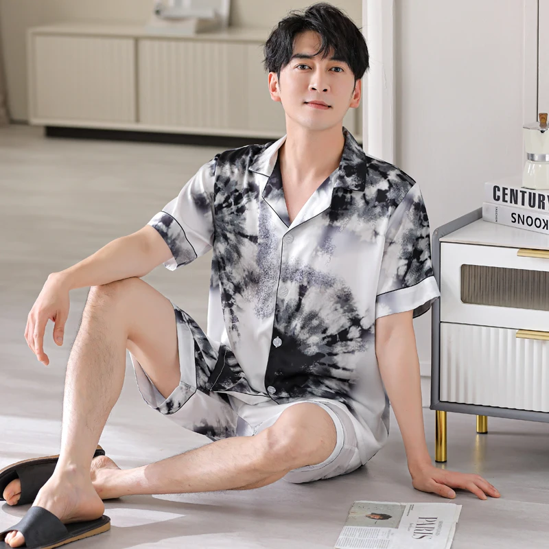 Summer Silk Pajamas Set Short Tops+Short Pants Two Pieces Set Man Sleepwear Loose Soft Male Silk Homewear Pijama