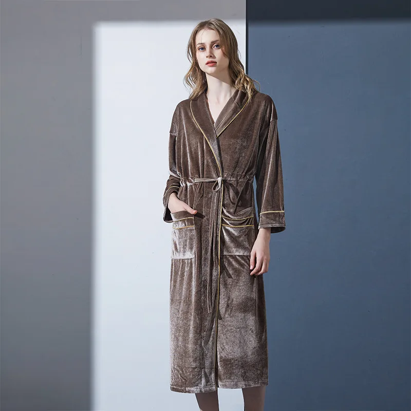 Autumn Winter Velour Warm Robe Casual Nightwear Women\'s Velvet Waistband Slimming Long Bathrobe Sleepwear Home Clothes Nightgown