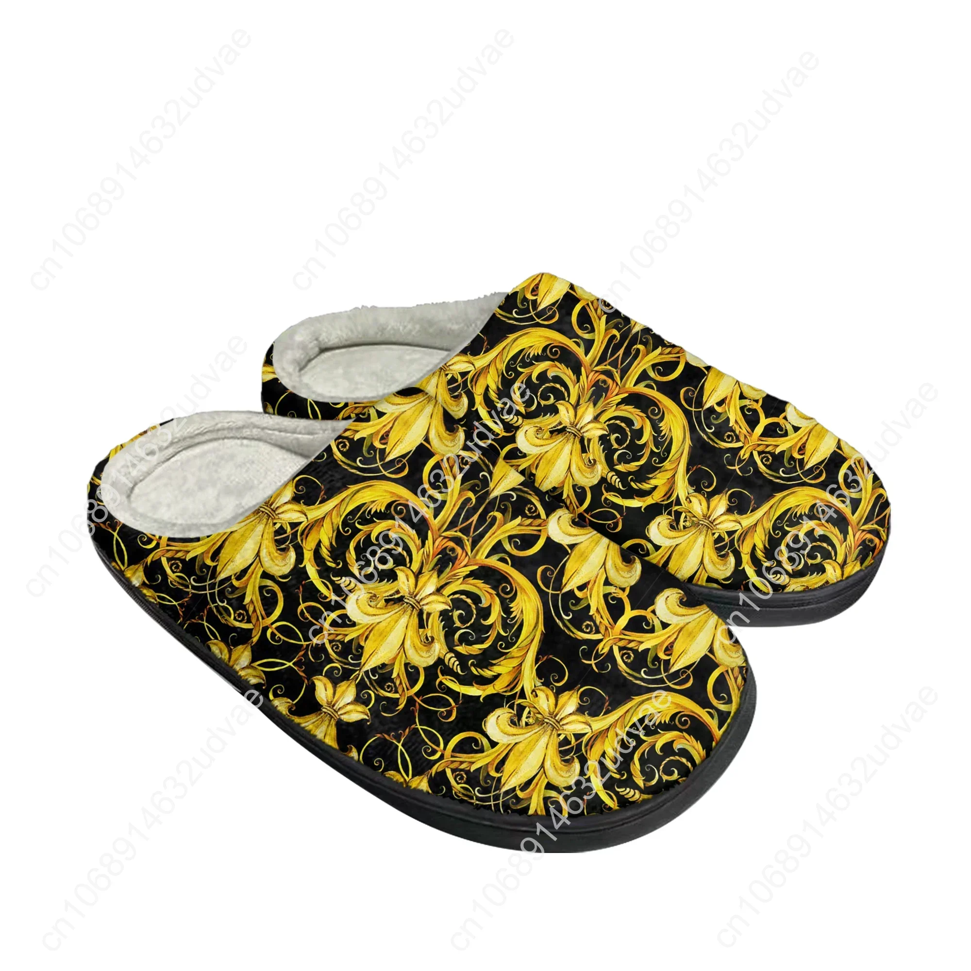 Luxury Golden Floral Prints Home Cotton Custom Slippers Mens Womens Plush Baroque European Keep Warm Shoes Thermal Slipper
