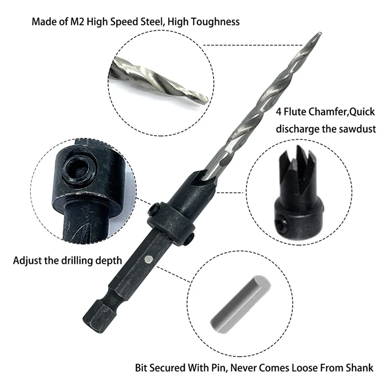 5Pcs Wood Countersink Drill Bit Set With 2Pcs Counter Sinker Replacement Tapered Drill Bit For Drilling Pilot Hole