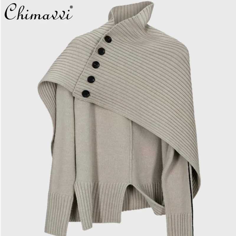 2024 Autumn New Cape Sweater Design Sense Niche Asymmetry Solid Color Multi-wearing Coat For Women