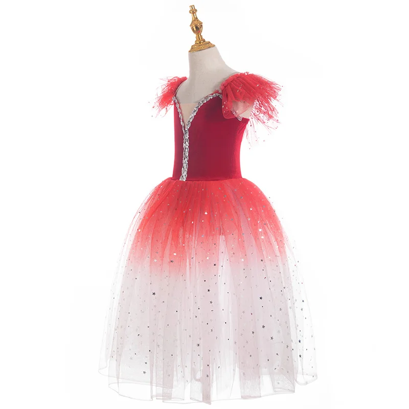 RED Ballet Dance Tutu Leotard Girls Dancewear Costume Ribbon Long Tulle Skirt Ballerina Fairy Party Costumes