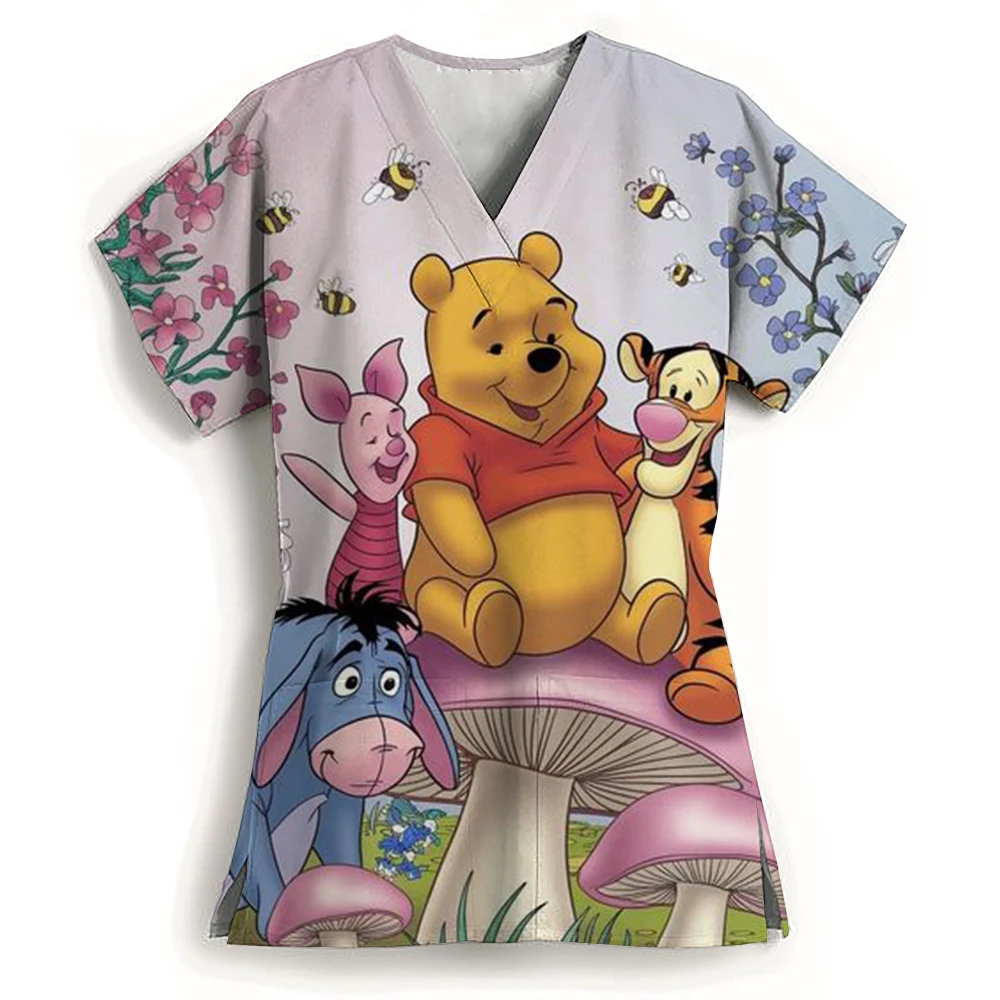 Winnie the Pooh Clinic โรงพยาบาลพยาบาล Workwear ฟัน 3D พิมพ์เสื้อยืดผู้หญิง V คอกระเป๋าทางการแพทย์เสื้อผ้าพยาบาล TOP ทํางาน