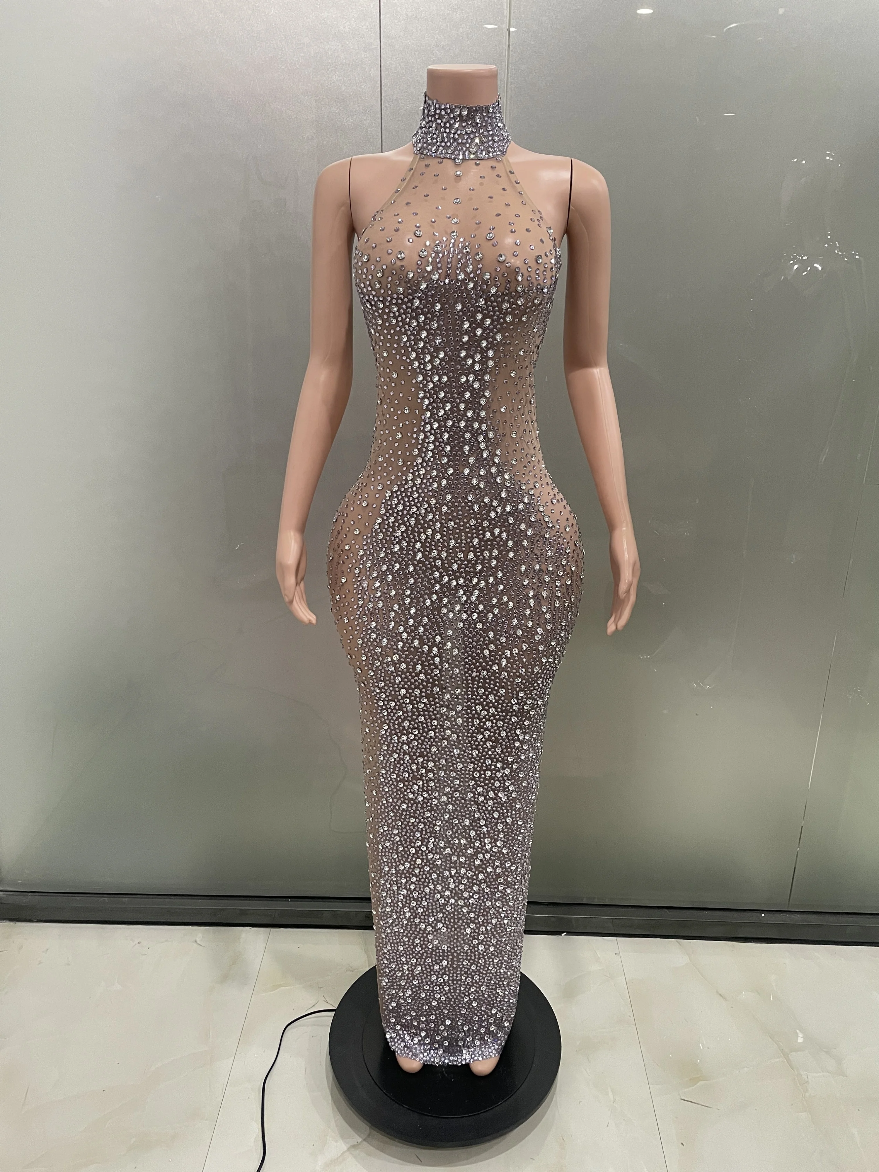 Sexy Sparkly Silver Rhinestone See Through Mesh Luxury Long Dresse Women Club Party bar Wear Red Carpet Stage Show Costume