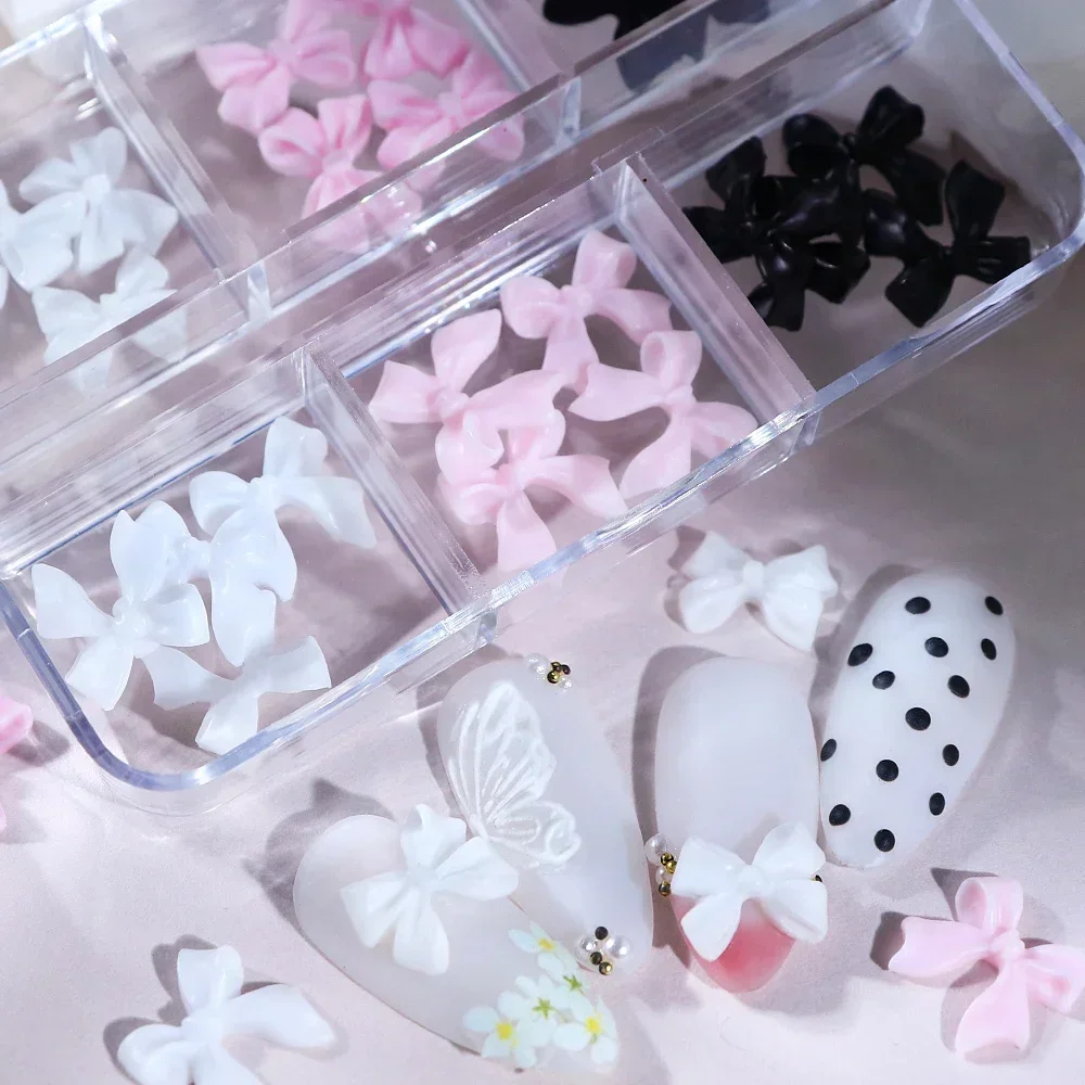 6 Grids Pink White Bow 3D Nail Charms Korean Kawaii Resin Rhinestone Nail Art Decoration Accessories Valentine's Manicure Design