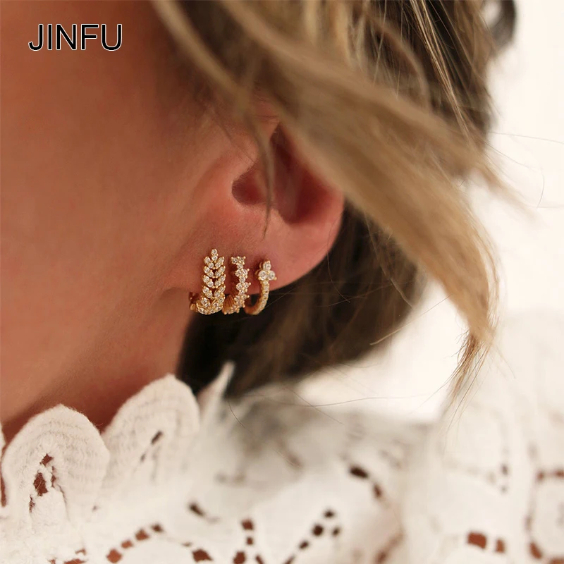 JINFU Gold Plated Stud Dangle Hoop Earrings For Women Boho Style CZ Zircon Piercing Earrings Set 2023 Women's Jewelry Wholesale