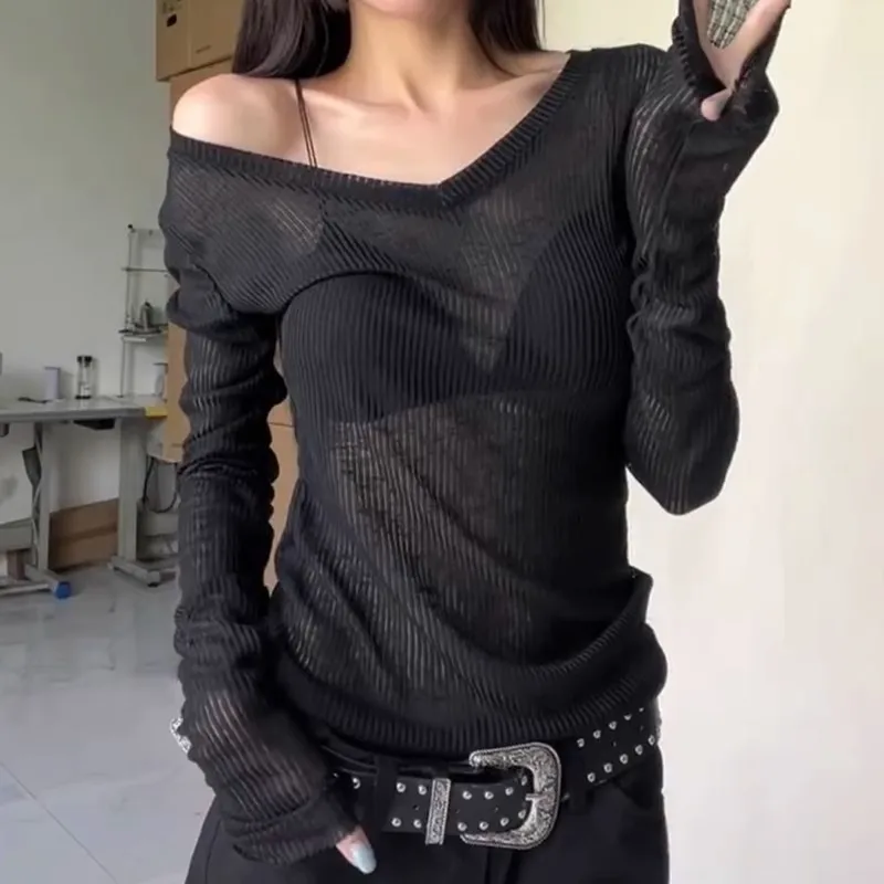 Cseta fena americana com decote em V, manga crida, blusa de proteção solar, coleção de outono e, roupas femi...
