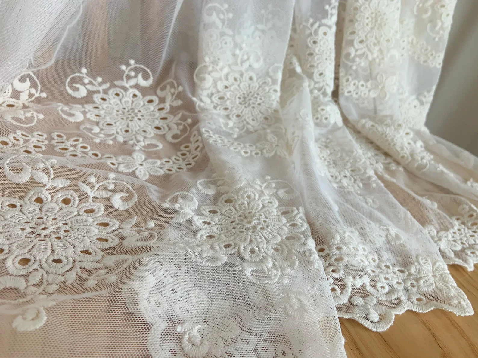 1 Yard Ivory Embroidered Tulle Lace Fabric With Eyelet Florals Beige Embroidered Fabric DIY Skirt Curtain Tablecloth NN250109