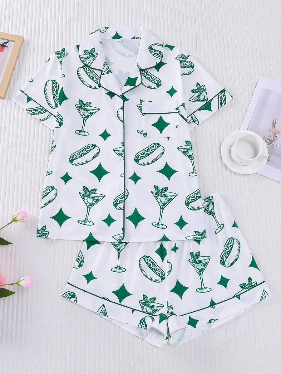 

Womens 2-Piece Pajama Set With Hot Dog And Beverage Print, Short Sleeve Button-Up Top And Elastic Waist Shorts