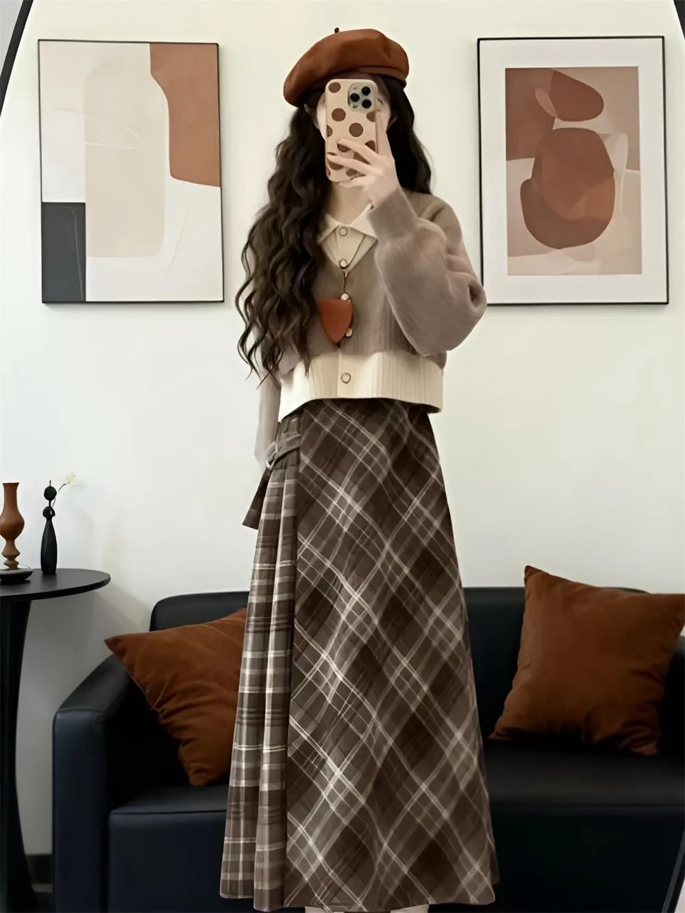 Trendy Brand Autumn Winter New Style Versatile Preppy  Neck Fake Two-Piece Sweater Women's Plaid  Skirt Set Fashionable