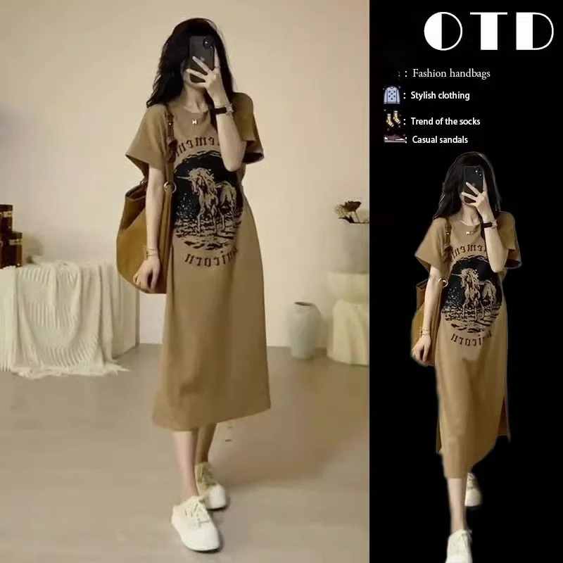 

Khaki Short Sleeve Women's Dress Summer Loose Fashion European High End Knee-Length Midi Dress Casual Cotton Gown for Beach V...