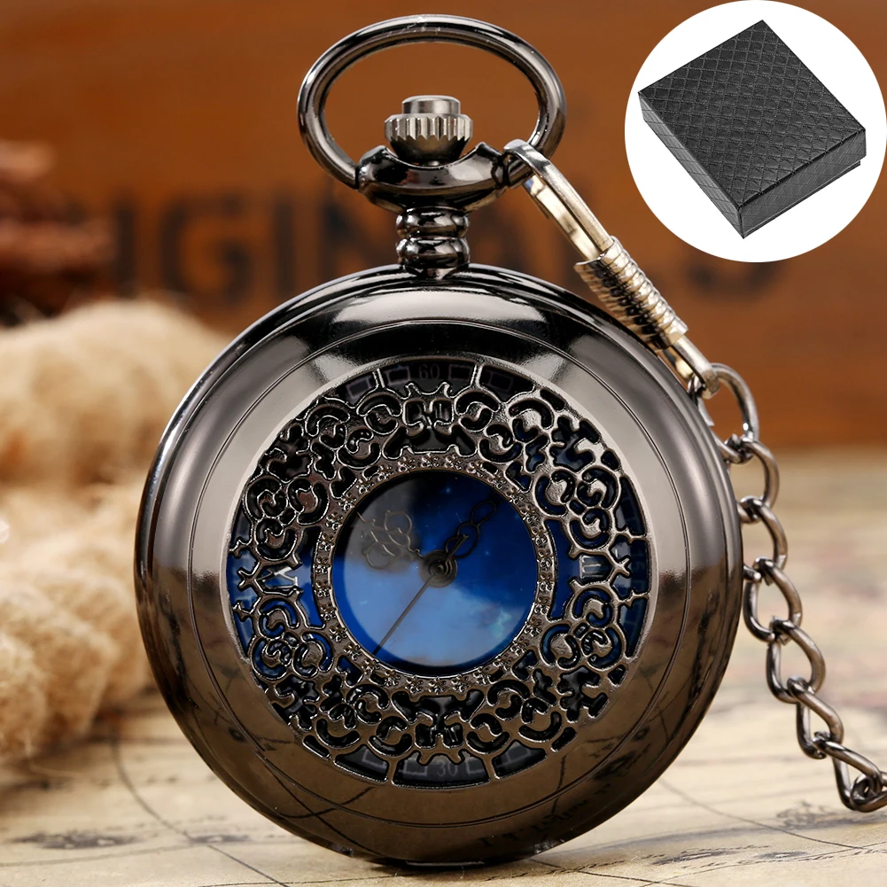 Metade Hunter Quartz relógio de bolso com caixa de relógio, preto oco, noite estrelada, mostrador azul, presente vintage, pingente relógios