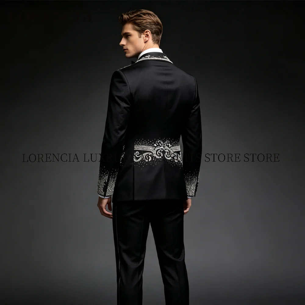 Customized Crystal Diamond Men Suit 2 Pieces Set Male Party Blazer Handmade Groom Wedding Tuxedos Slim Sequin trajes para hombre