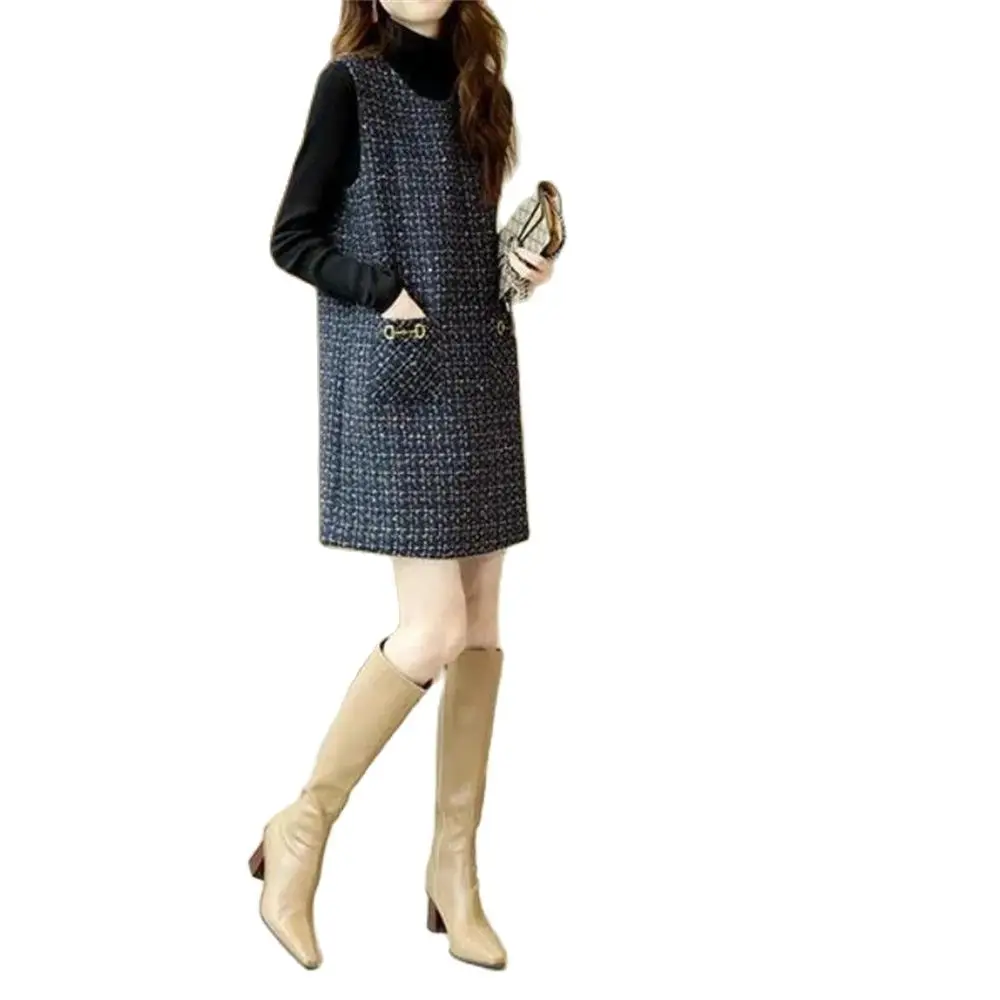 

New Graceful Tweed Temperament Sleeveless Vest Dress Dress Front and Rear Double Purpose Women