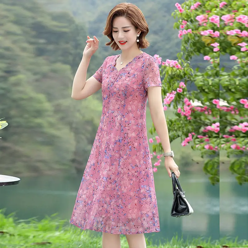 Women\'s Clothing New Intellectual V-neck Floral Skinny Printing Summer Thin Graceful Short Sleeve Elegant Fashion Casual Dresses